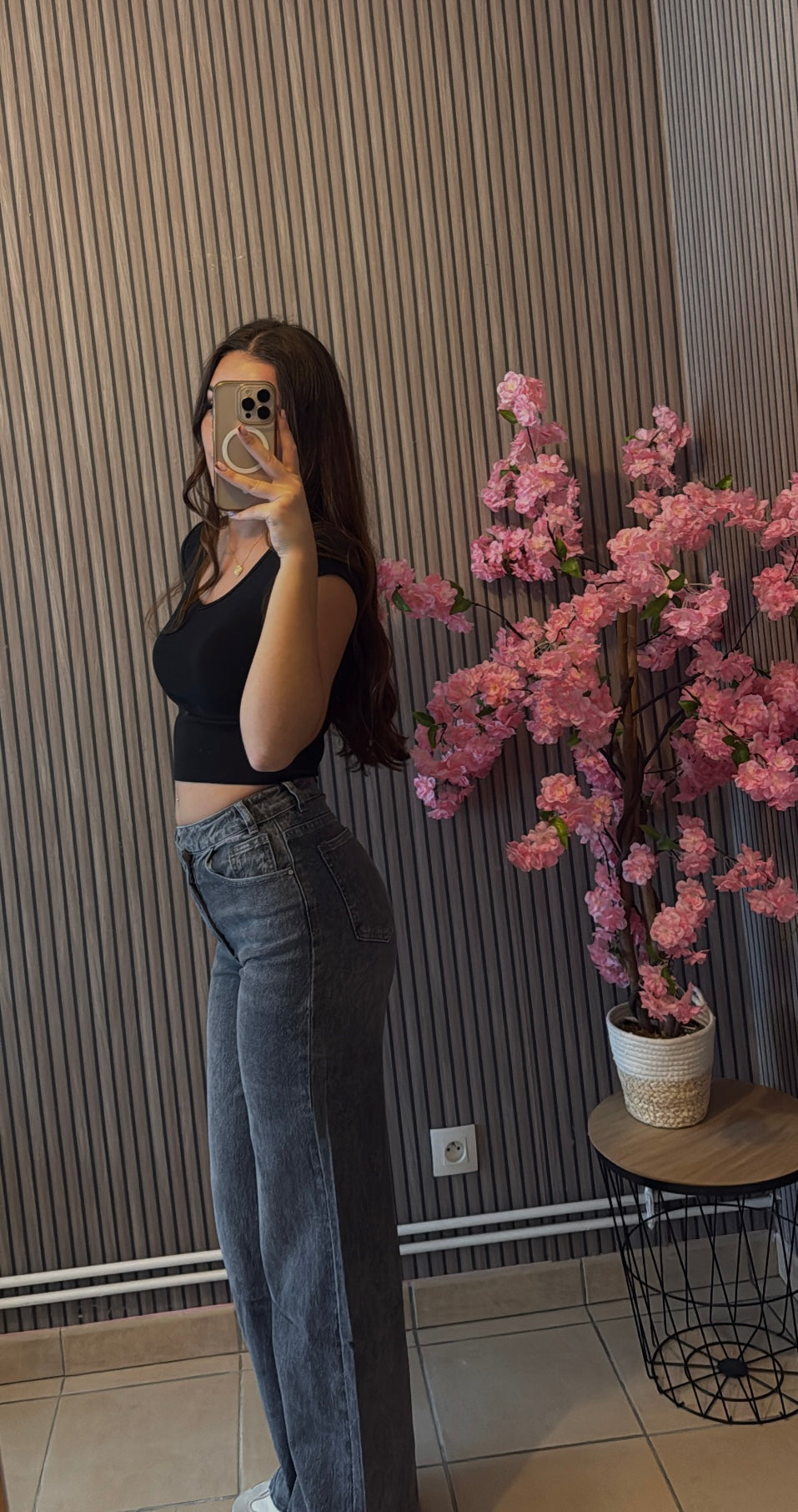 Jean bouton décalé gris