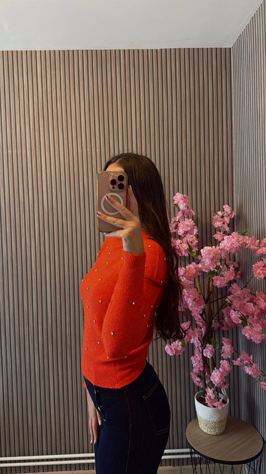 Pull orange à strass